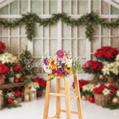 Aperturee - Aperturee Festive Red and Cream Poinsettia Christmas Tree Holiday Backdrop Elegant Winter Greenhouse Decor