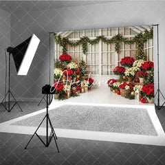 Aperturee - Aperturee Festive Red and Cream Poinsettia Christmas Tree Holiday Backdrop Elegant Winter Greenhouse Decor