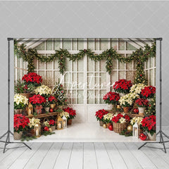 Aperturee - Aperturee Festive Red and Cream Poinsettia Christmas Tree Holiday Backdrop Elegant Winter Greenhouse Decor