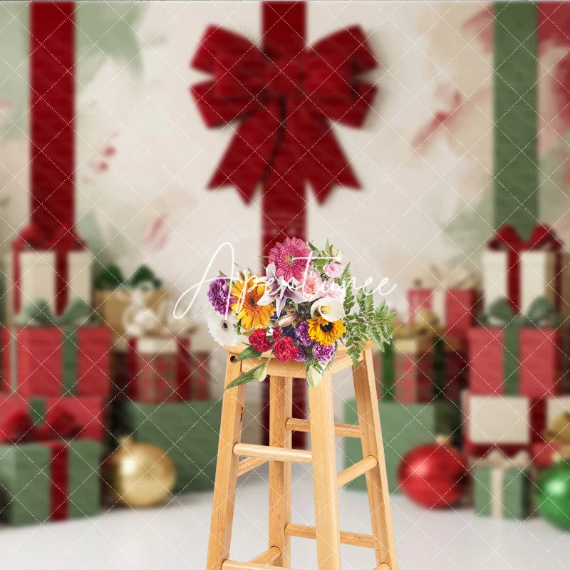 Aperturee - Aperturee Festive Red and Green Christmas Trees and Gifts Holiday Backdrop Elegant Bows and Ornaments Decor