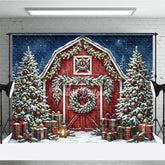 Aperturee - Aperturee Festive Red Barn and Snowy Christmas Trees Holiday Backdrop with Plaid Gifts and Winter Wonderland Decor