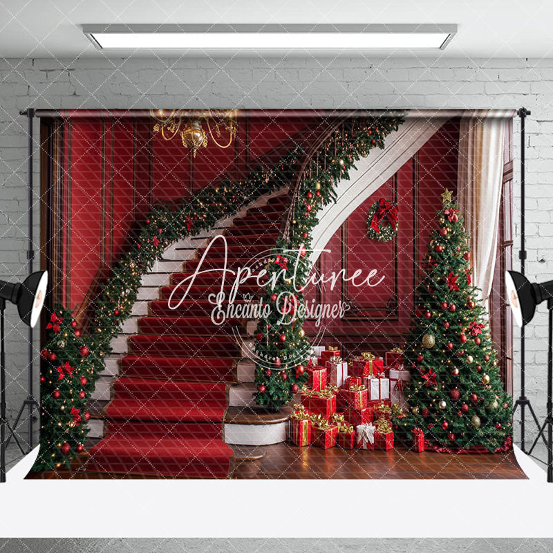 Aperturee - Aperturee Festive Red Christmas Vibe Stairs Room Set Backdrop