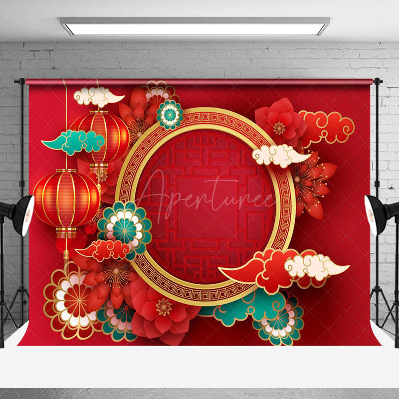 Aperturee - Aperturee Festive Red Clouds Lantern Floral New Year Backdrop