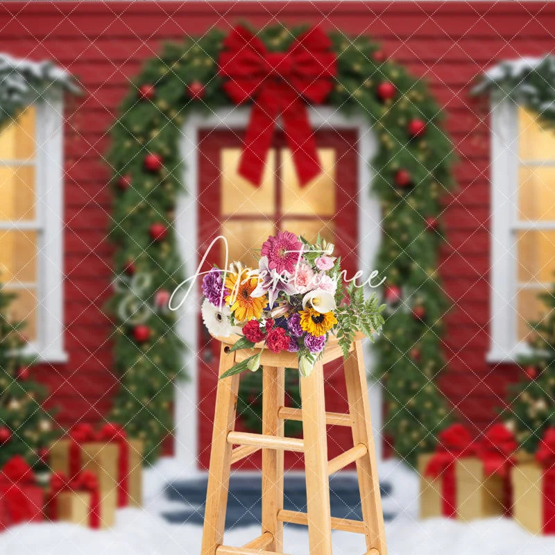 Aperturee - Aperturee Festive Red House Christmas Tree Garland Holiday Backdrop Snowy Gifts and Warm Lights Winter Party Decor