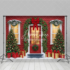 Aperturee - Aperturee Festive Red House Christmas Tree Garland Holiday Backdrop Snowy Gifts and Warm Lights Winter Party Decor