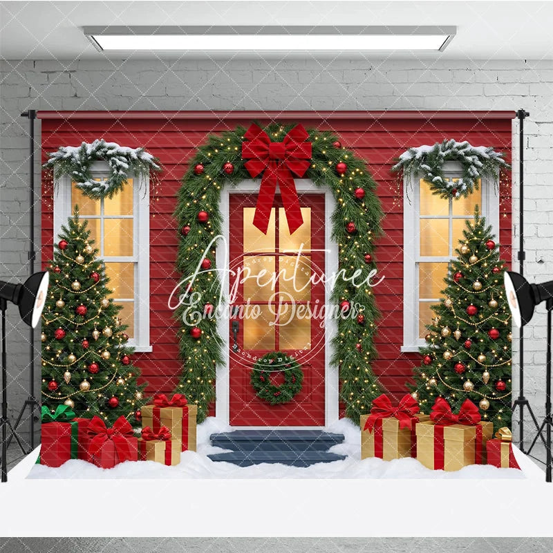 Aperturee - Aperturee Festive Red House Christmas Tree Garland Holiday Backdrop Snowy Gifts and Warm Lights Winter Party Decor