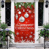 Aperturee - Aperturee Festive Red Merry Christmas and Happy New Year Door Cover with Green Pine Branches Ornaments and Snowflakes Decor