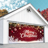 Aperturee - Aperturee Festive Red Merry Christmas Pine Branches Garage Door Banner with Golden Lights Ornaments and Snowflakes Holiday Decor