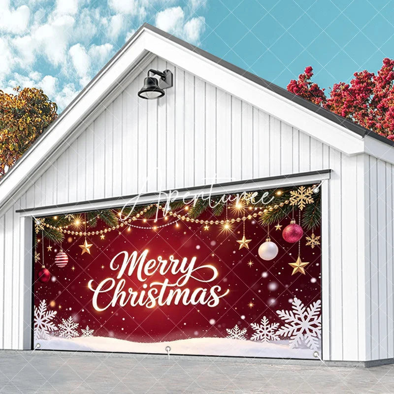 Aperturee - Aperturee Festive Red Merry Christmas Pine Branches Garage Door Banner with Golden Lights Ornaments and Snowflakes Holiday Decor
