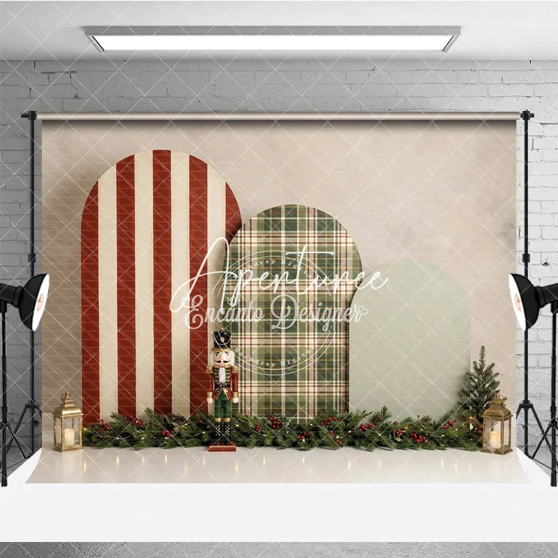 Aperturee - Aperturee Festive Red Striped and Green Plaid Arched Holiday Backdrop Christmas Nutcracker and Garland Decor