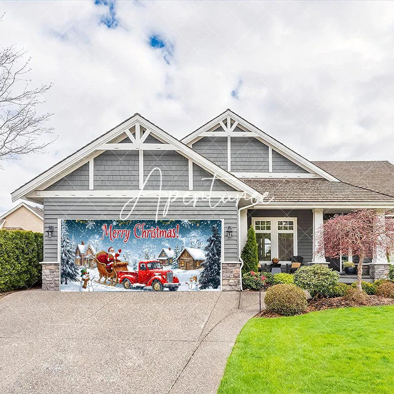 Aperturee - Aperturee Festive Red Truck with Santa Claus and Sleigh Winter Village Garage Door Banner Merry Christmas Holiday Decor