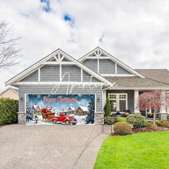 Aperturee - Aperturee Festive Red Truck with Santa Claus and Sleigh Winter Village Garage Door Banner Merry Christmas Holiday Decor