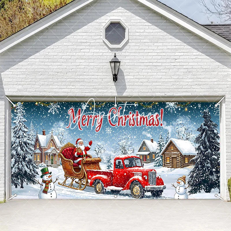 Aperturee - Aperturee Festive Red Truck with Santa Claus and Sleigh Winter Village Garage Door Banner Merry Christmas Holiday Decor