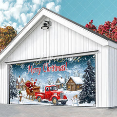 Aperturee - Aperturee Festive Red Truck with Santa Claus and Sleigh Winter Village Garage Door Banner Merry Christmas Holiday Decor