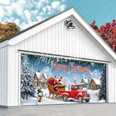 Aperturee - Aperturee Festive Red Truck with Santa Claus and Sleigh Winter Village Garage Door Banner Merry Christmas Holiday Decor