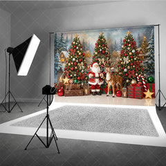 Aperturee - Aperturee Festive Santa Claus and Reindeer Christmas Holiday Backdrop Decorated Trees Snowy Village Gifts and Lanterns