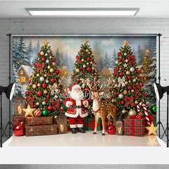 Aperturee - Aperturee Festive Santa Claus and Reindeer Christmas Holiday Backdrop Decorated Trees Snowy Village Gifts and Lanterns