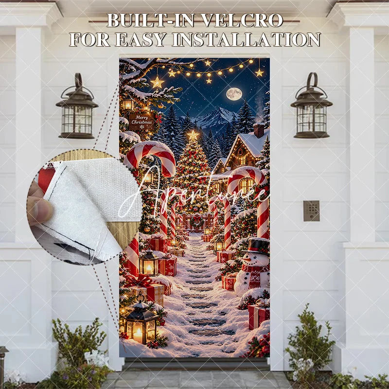 Aperturee - Aperturee Festive Snowy Christmas Village Door Cover with Candy Canes Gifts and Snowman Winter Wonderland Holiday Decor