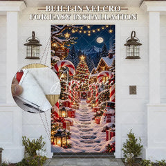 Aperturee - Aperturee Festive Snowy Christmas Village Door Cover with Candy Canes Gifts and Snowman Winter Wonderland Holiday Decor