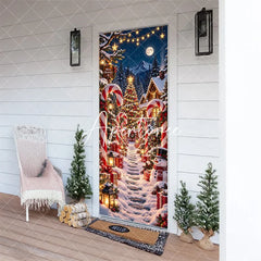 Aperturee - Aperturee Festive Snowy Christmas Village Door Cover with Candy Canes Gifts and Snowman Winter Wonderland Holiday Decor