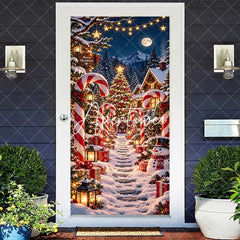 Aperturee - Aperturee Festive Snowy Christmas Village Door Cover with Candy Canes Gifts and Snowman Winter Wonderland Holiday Decor