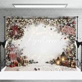 Aperturee - Aperturee Festive Snowy Pine Garland Christmas Holiday Backdrop with Warm String Lights Red Berries and Cozy Winter Gifts