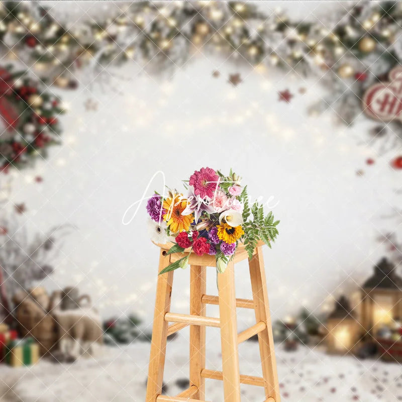 Aperturee - Aperturee Festive Snowy Pine Garland Christmas Holiday Backdrop with Warm String Lights Red Berries and Cozy Winter Gifts