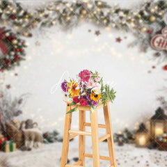 Aperturee - Aperturee Festive Snowy Pine Garland Christmas Holiday Backdrop with Warm String Lights Red Berries and Cozy Winter Gifts