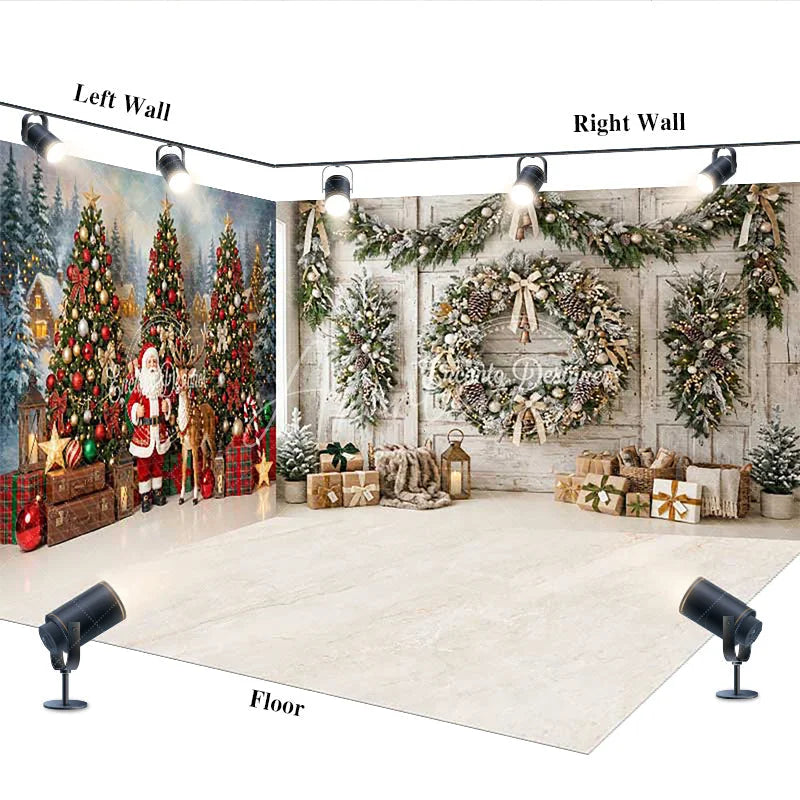 Aperturee - Aperturee Festive Snowy Winter Forest and Rustic Christmas Wreath Room Set Backdrop Santa Claus Holiday Decor