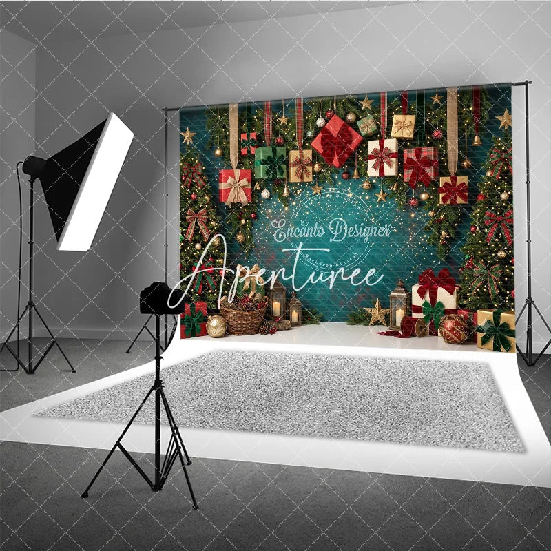Aperturee - Aperturee Festive Teal Christmas Tree and Gift Boxes Holiday Backdrop with Sparkling Lights Elegant Winter Party Decor