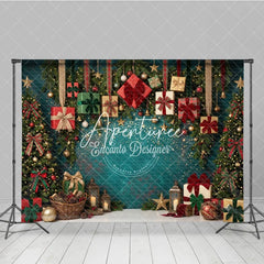 Aperturee - Aperturee Festive Teal Christmas Tree and Gift Boxes Holiday Backdrop with Sparkling Lights Elegant Winter Party Decor