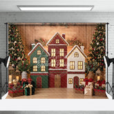 Aperturee - Aperturee Festive Village Houses and Decorated Christmas Trees Holiday Backdrop Cozy Winter Celebration Decor with Gifts