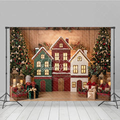 Aperturee - Aperturee Festive Village Houses and Decorated Christmas Trees Holiday Backdrop Cozy Winter Celebration Decor with Gifts