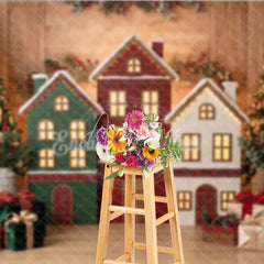 Aperturee - Aperturee Festive Village Houses and Decorated Christmas Trees Holiday Backdrop Cozy Winter Celebration Decor with Gifts