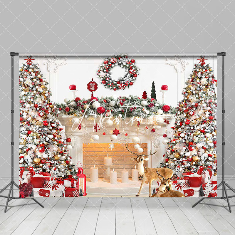 Aperturee - Aperturee Festive White Fireplace Wreath Christmas Backdrop
