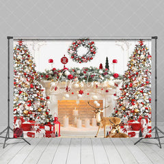 Aperturee - Aperturee Festive White Fireplace Wreath Christmas Backdrop
