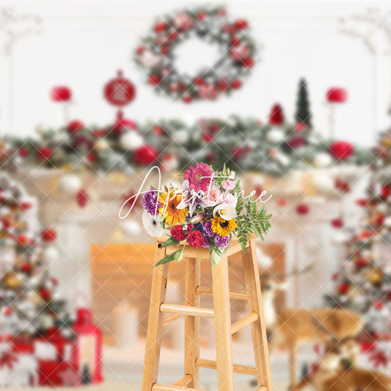 Aperturee - Aperturee Festive White Fireplace Wreath Christmas Backdrop