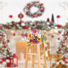 Aperturee - Aperturee Festive White Fireplace Wreath Christmas Backdrop