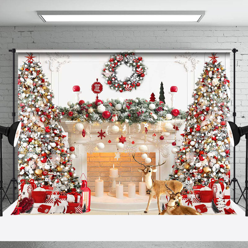 Aperturee - Aperturee Festive White Fireplace Wreath Christmas Backdrop