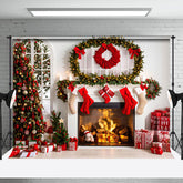 Aperturee - Aperturee Festive White Room Fireplace Tree Christmas Backdrop