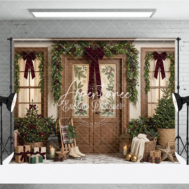 Aperturee - Aperturee Festive Winter Holiday Backdrop Decorated Wooden Door Christmas Garlands with Warm Lights Cozy Porch Decor