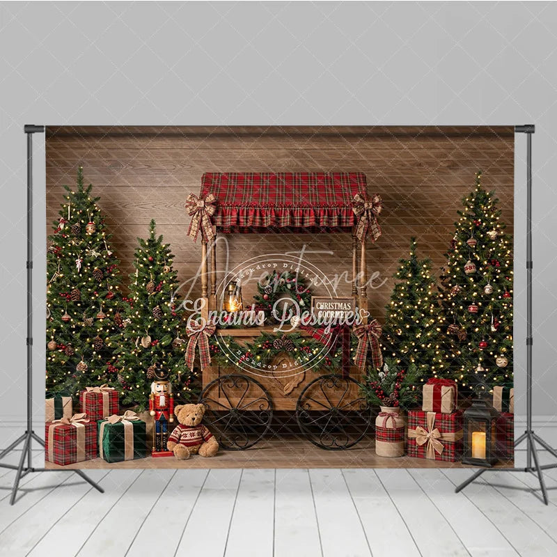 Aperturee - Aperturee Festive Winter Pine and Warm Lights Holiday Backdrop Rustic Wood Red Gold Ornament Decor Happy Holidays Party Banner