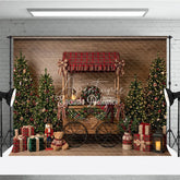 Aperturee - Aperturee Festive Winter Pine and Warm Lights Holiday Backdrop Rustic Wood Red Gold Ornament Decor Happy Holidays Party Banner