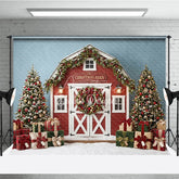 Aperturee - Aperturee Festive Winter Pine Tree and Cozy Fireplace Holiday Backdrop Red and Gold Ornaments Room Decor for Family Portraits