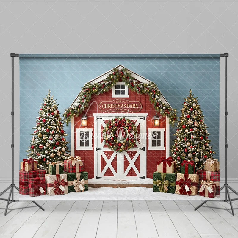 Aperturee - Aperturee Festive Winter Pine Tree and Cozy Fireplace Holiday Backdrop Red and Gold Ornaments Room Decor for Family Portraits
