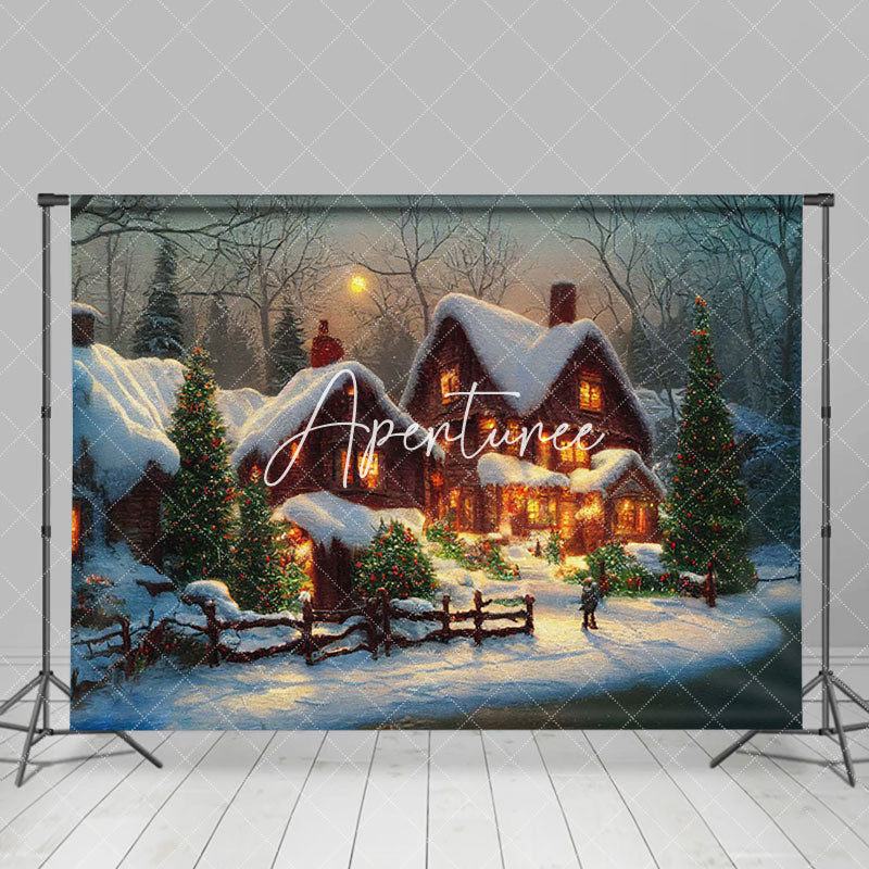 Aperturee - Aperturee Festive Winter Snowy Night Town Christmas Backdrop