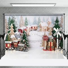 Aperturee - Aperturee Festive Winter Village Holiday Backdrop with Miniature Train Snow Covered Trees and Gift Boxes