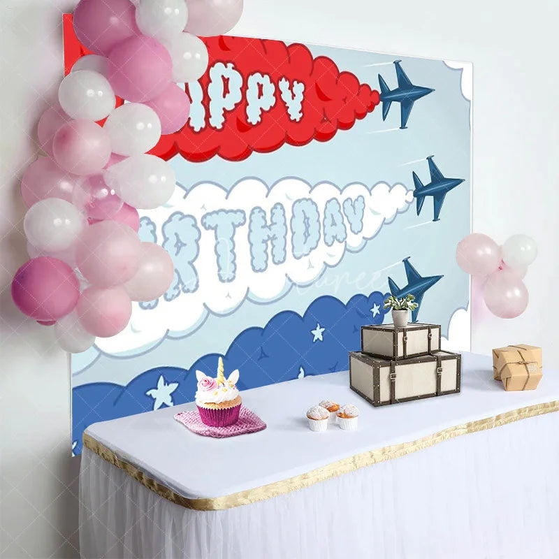 Aperturee - Aperturee Fighter Jet Birthday Backdrop Airplane Smoke Trail Text Sky Pilot Theme Party Supplies for Boy