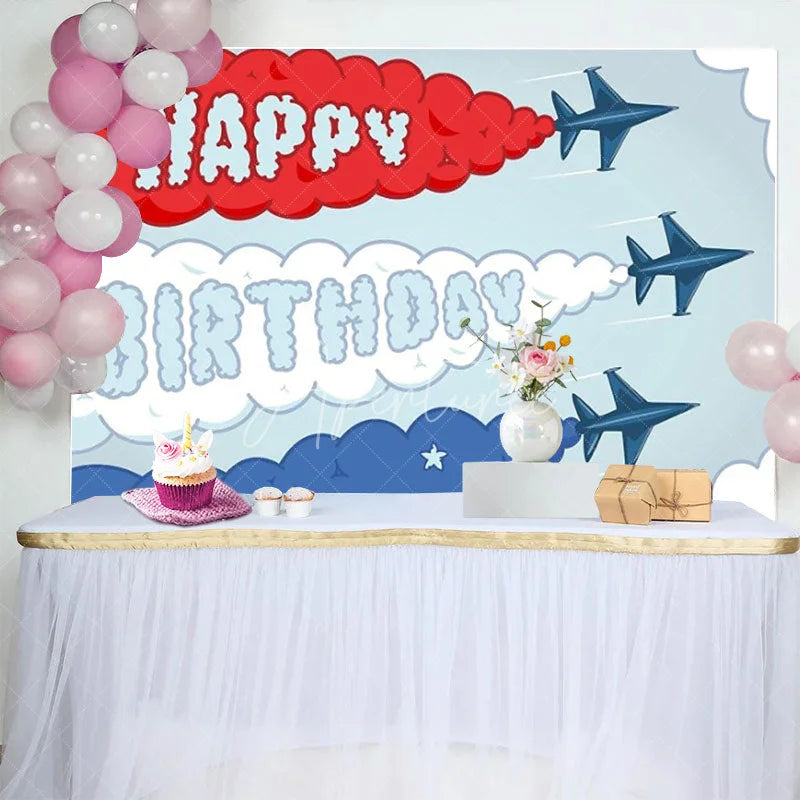 Aperturee - Aperturee Fighter Jet Birthday Backdrop Airplane Smoke Trail Text Sky Pilot Theme Party Supplies for Boy