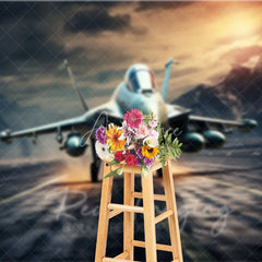 Aperturee - Aperturee Fighter Jet on Runway Backdrop Mountain Sunset Aviation Photography Background for Military Party Decor